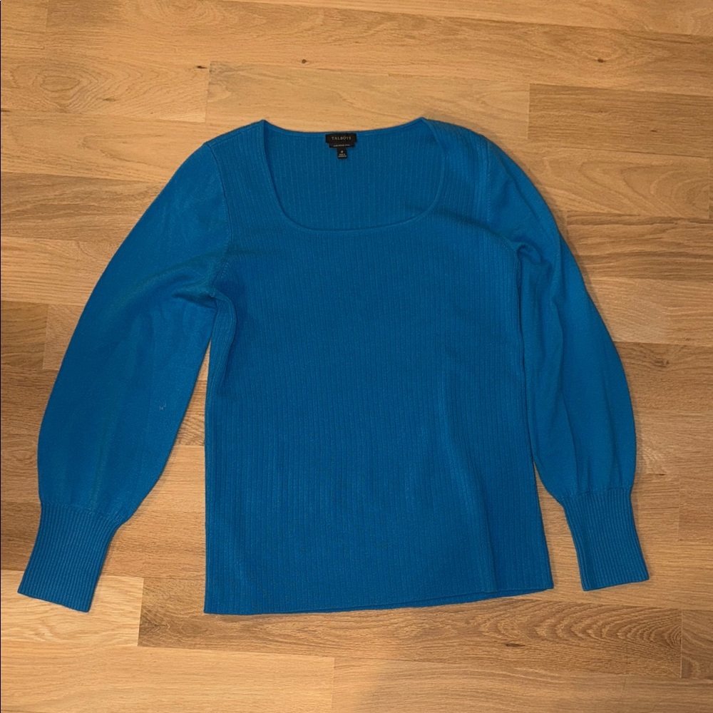 Talbots Bright Blue Ribbed Scoop Neck Merino Wool Sweater